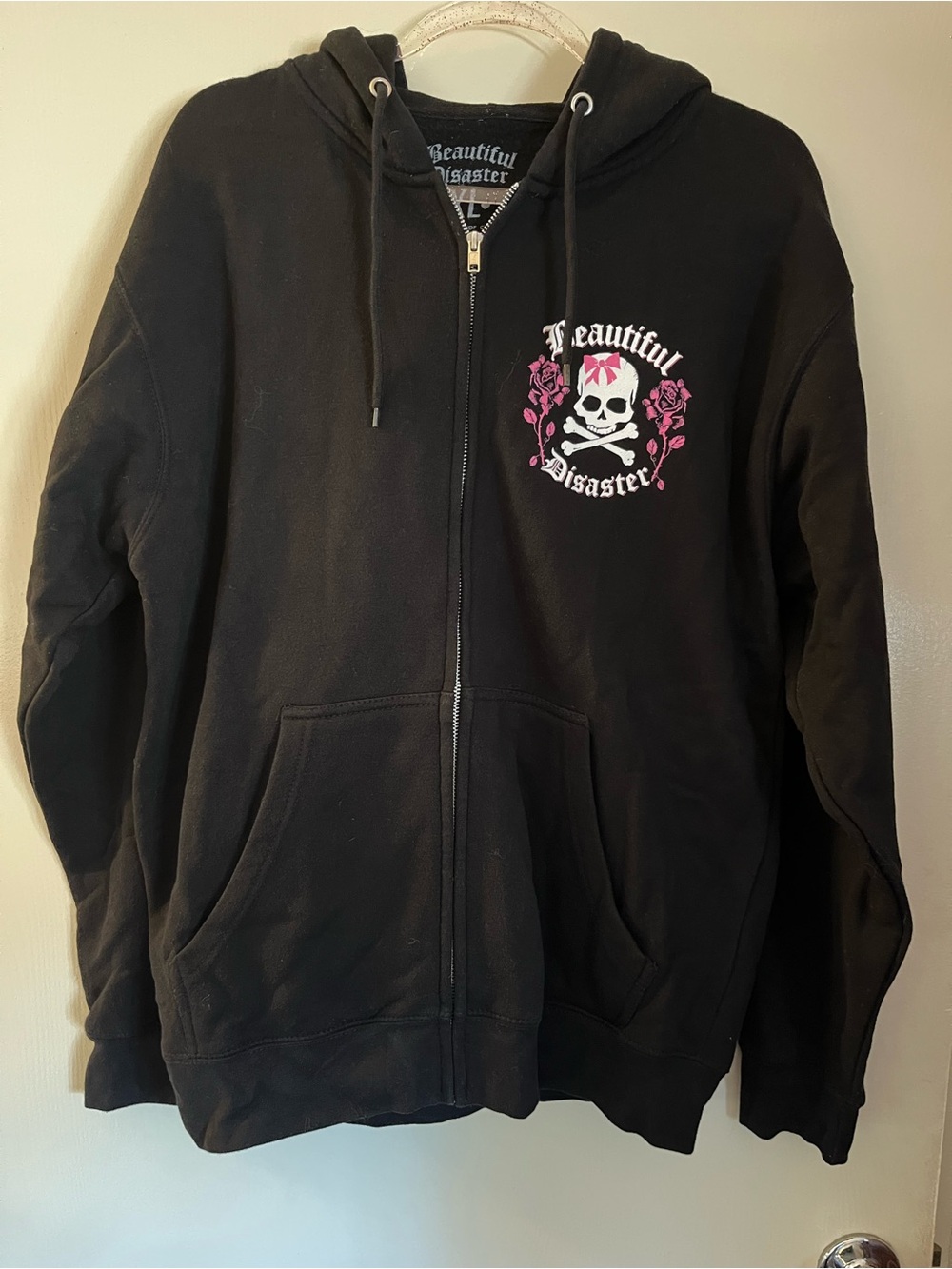 Beautiful Disaster Black Zip-Up Hoodie with Pink Skull Graphic